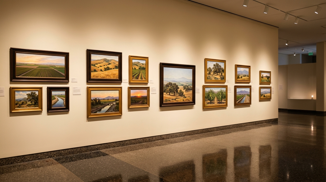 Art gallery with Central Valley landscape paintings representing Bakersfield culture