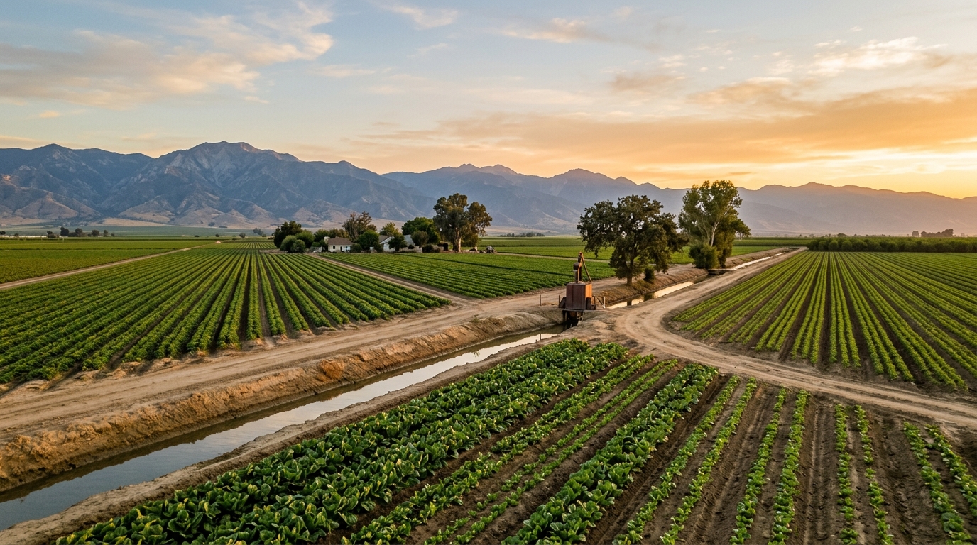 Central Valley farmland near Bakersfield with crops and warm golden light