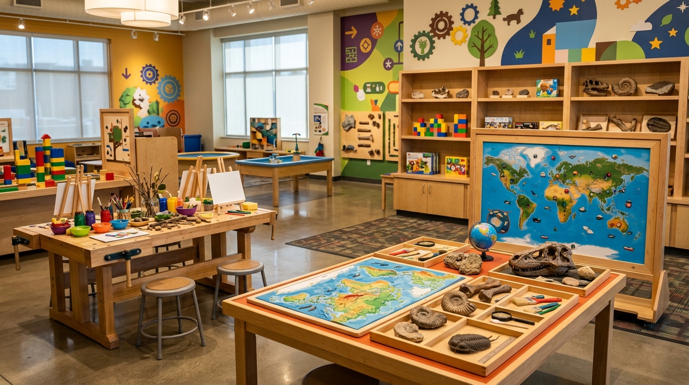 Children’s discovery museum exhibit with hands-on learning stations and educational displays