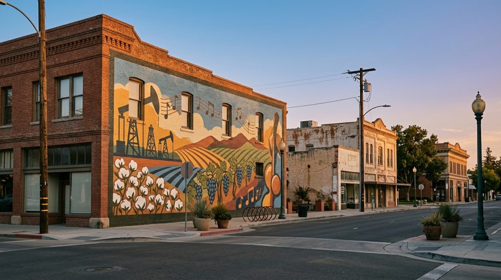 Colorful public mural in a downtown Bakersfield-inspired creative district