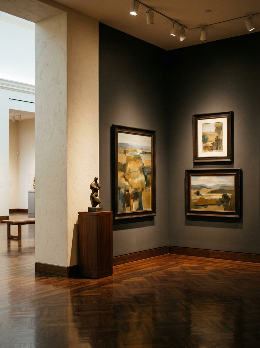 Curated cultural display with artwork and historical objects representing Bakersfield Museum Guide