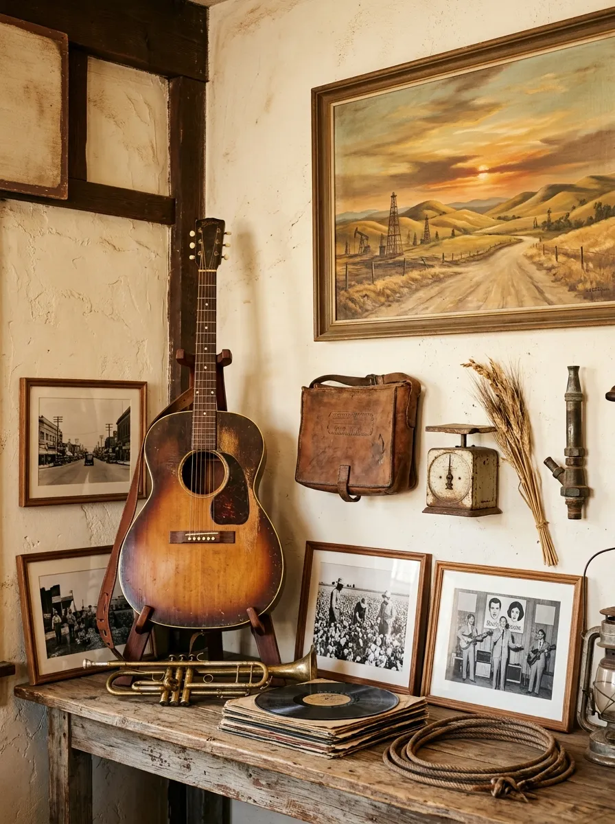 Curated display representing Bakersfield agriculture music history and Central Valley culture