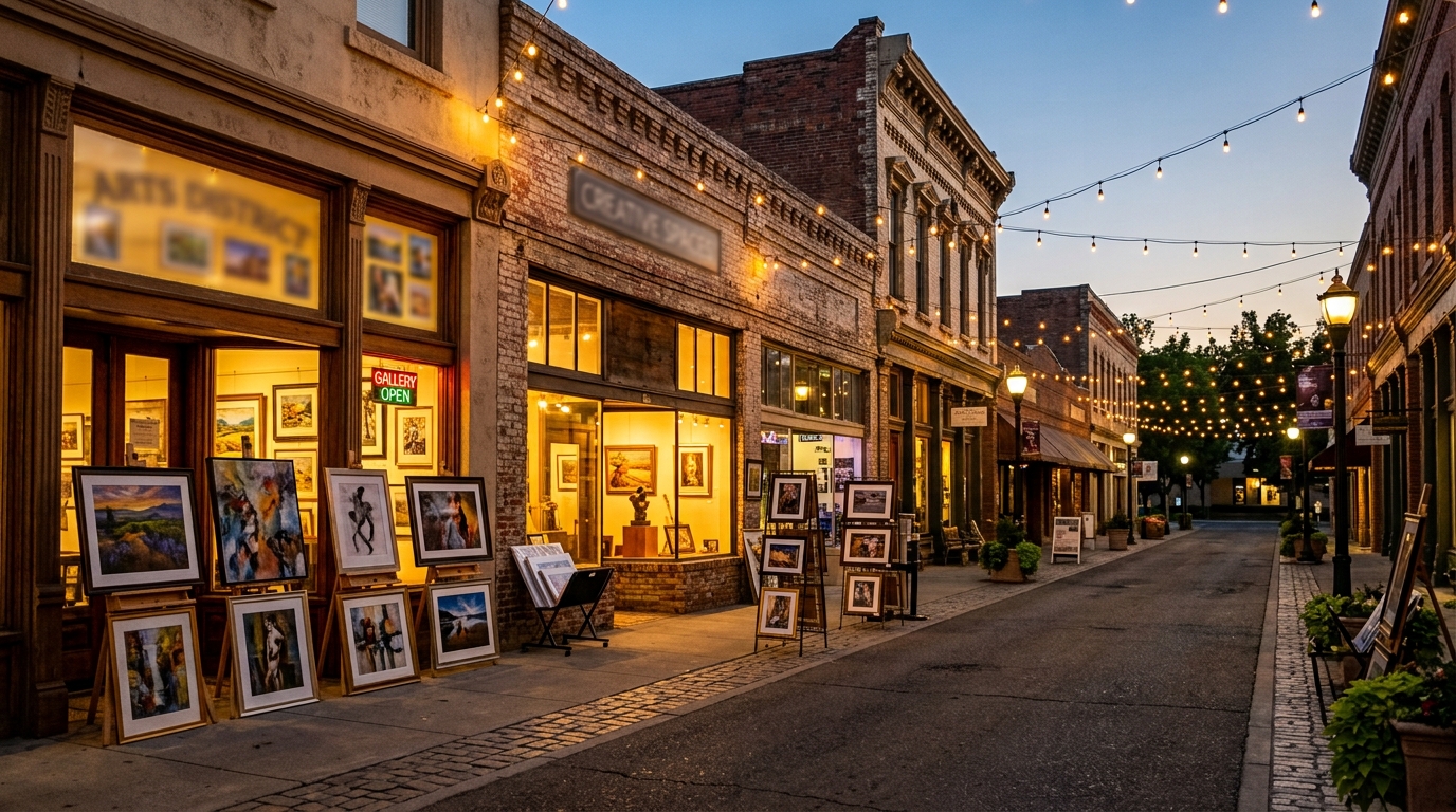 Downtown Bakersfield art walk setting with framed artwork and warm evening light