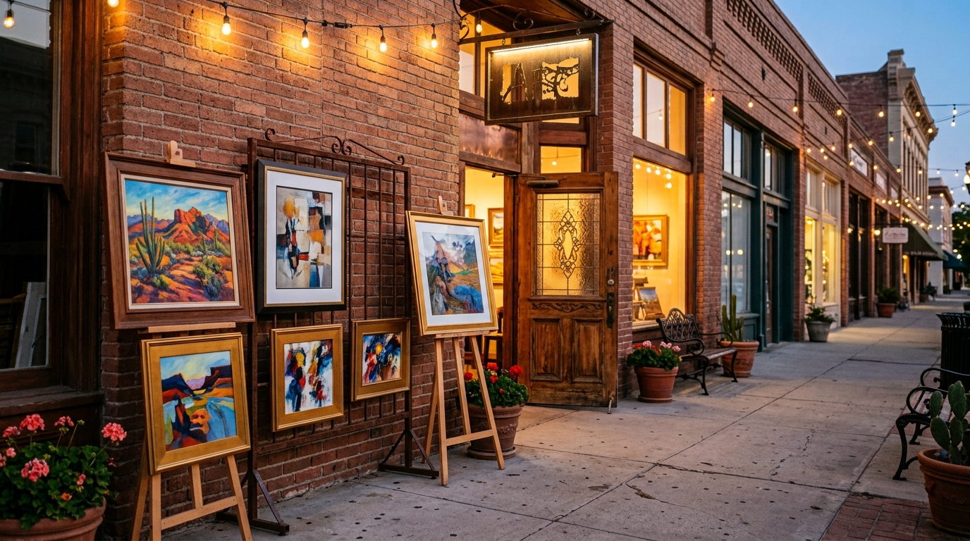 Downtown Bakersfield-inspired art walk with gallery windows and local artwork