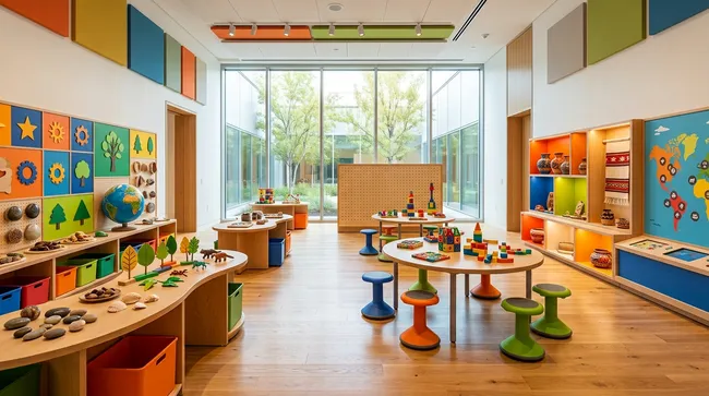 Family-friendly museum learning space with interactive educational displays