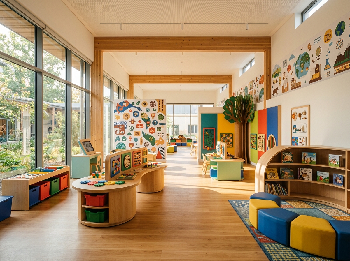 Family-friendly museum learning space with interactive educational exhibits