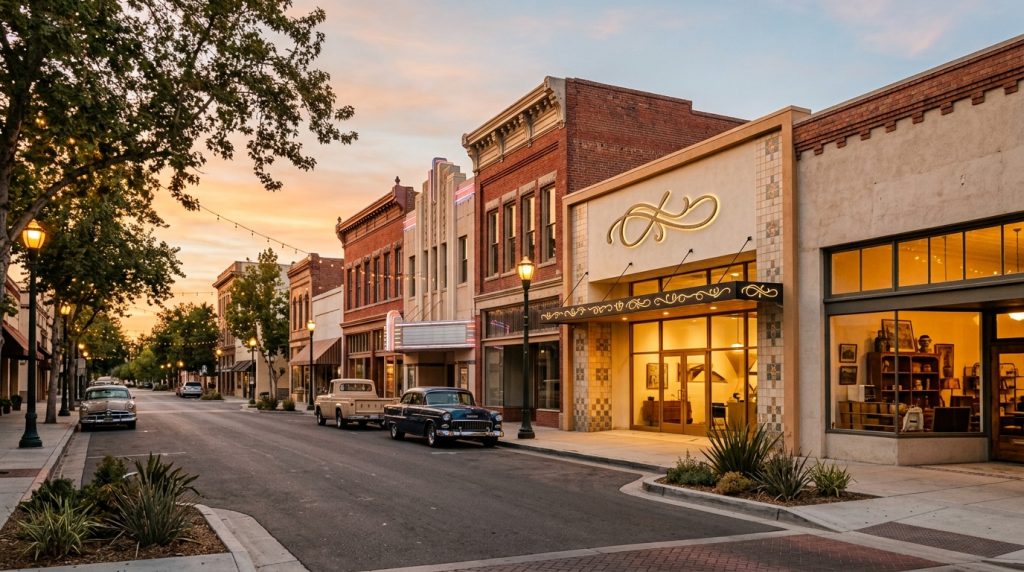 Historic downtown Bakersfield storefront representing preservation and local history