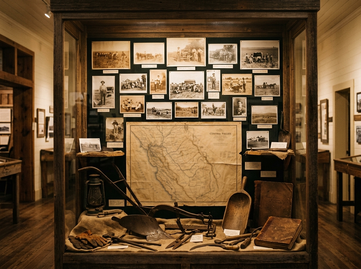 Local history museum display with vintage photos maps and Central Valley heritage objects