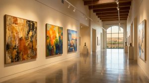 Modern Bakersfield art gallery with warm lighting and exhibition-style artwork
