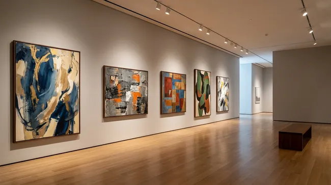Modern art exhibition gallery with abstract paintings and warm museum lighting