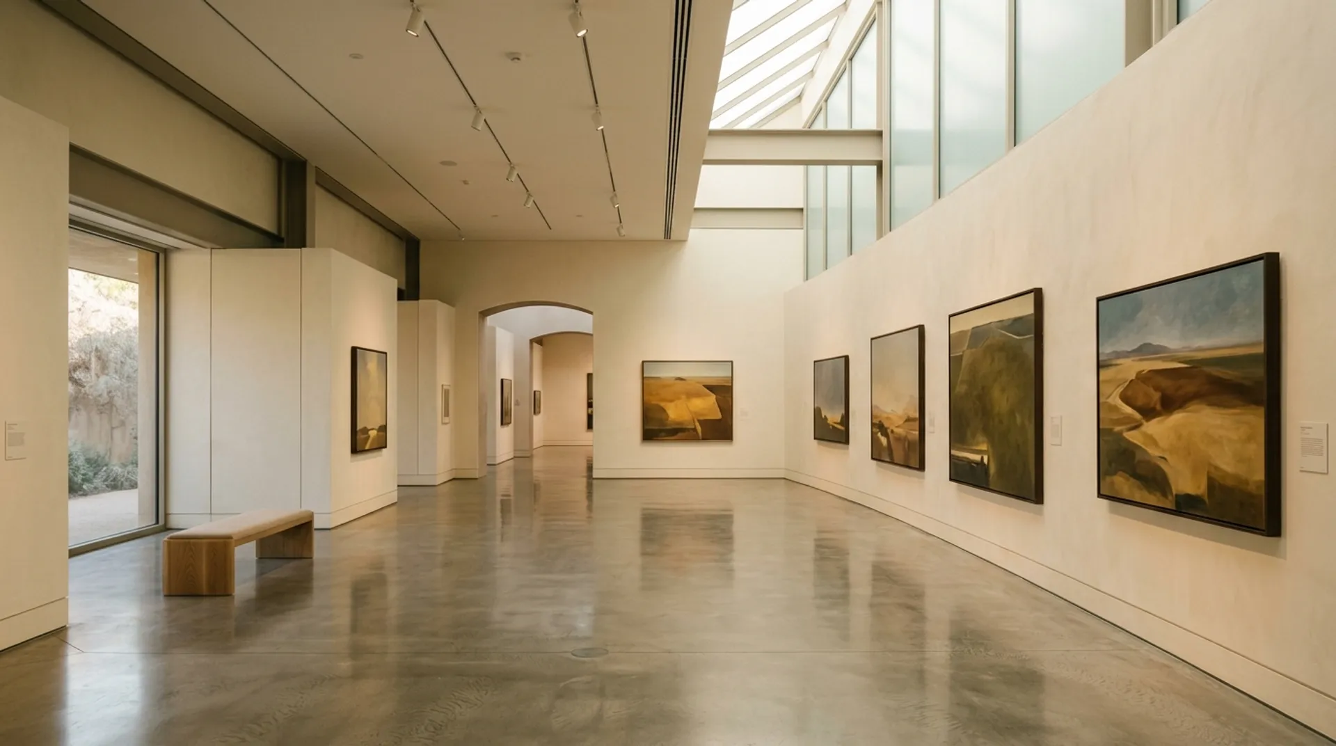Modern museum gallery with warm lighting and framed artwork representing Bakersfield art and culture