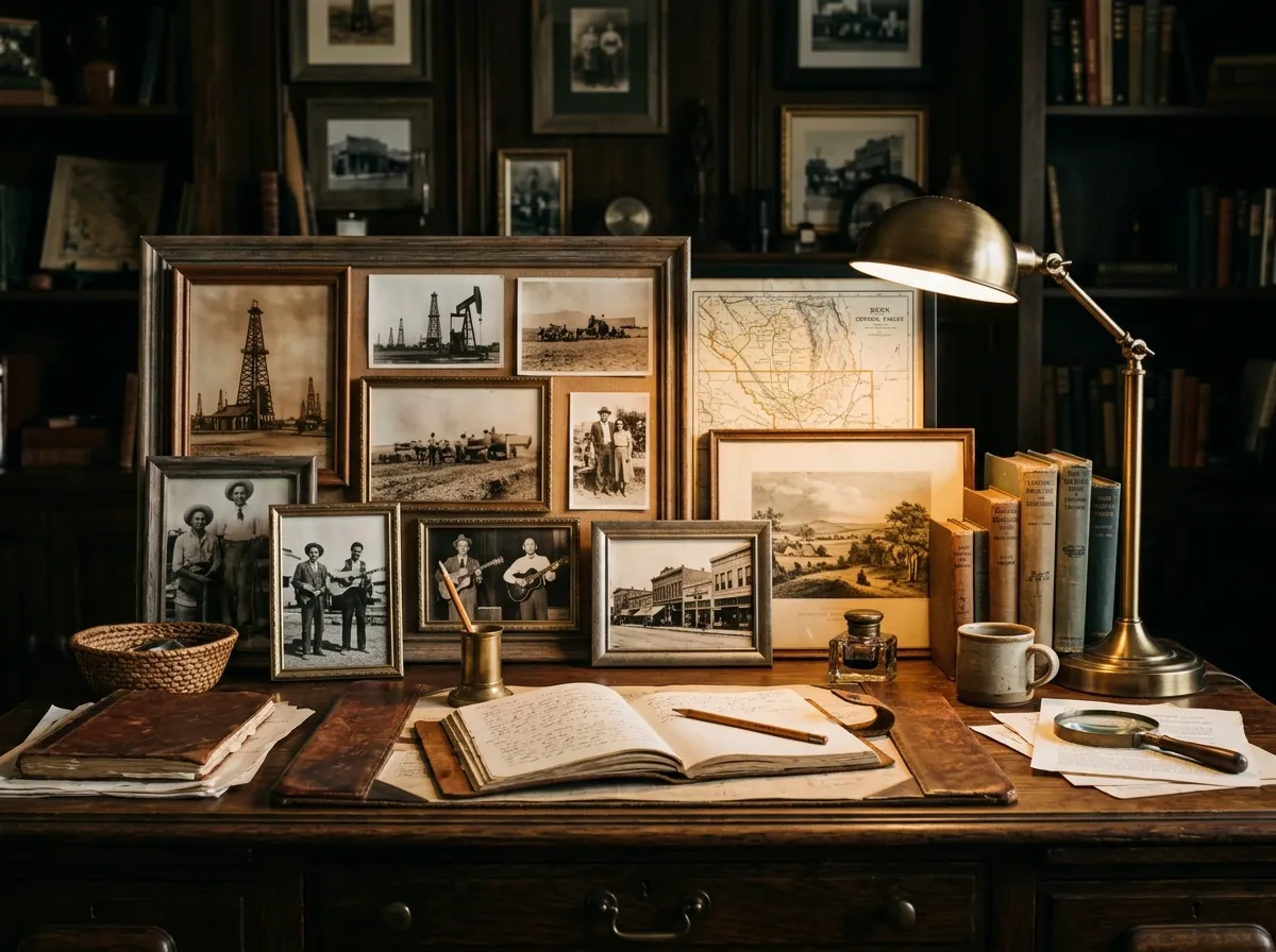 Museum-inspired editorial desk with photos maps and art prints representing Bakersfield culture articles