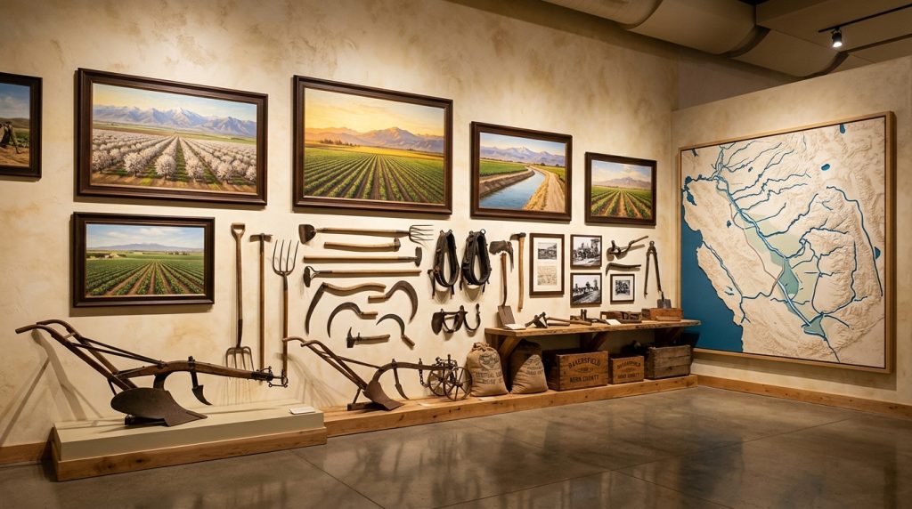 Museum-style display representing Bakersfield agriculture water and Central Valley art