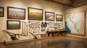 Museum-style display representing Bakersfield agriculture water and Central Valley art