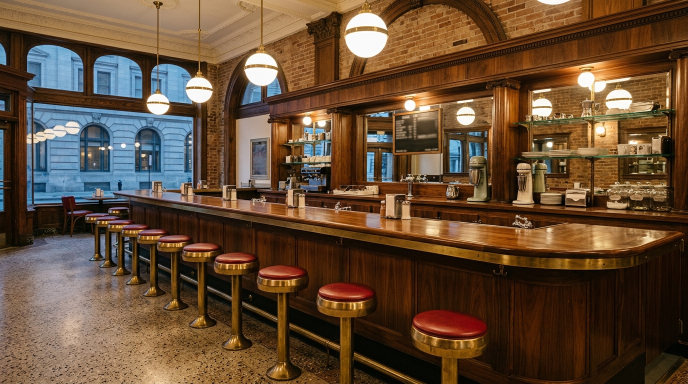 Restored vintage lunch counter representing Bakersfield Woolworths preservation