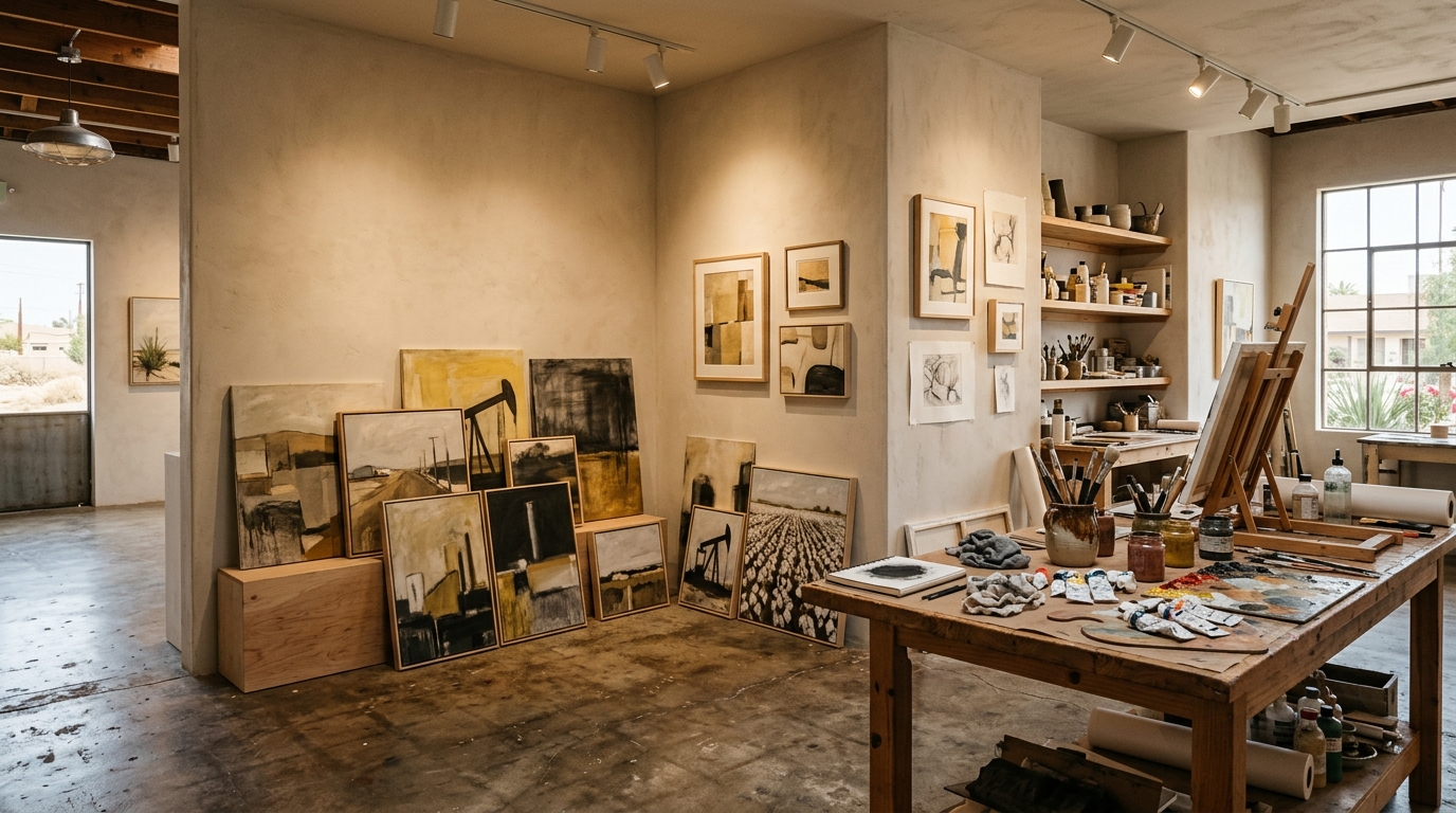 Small Bakersfield-inspired art gallery and studio space with paintings and art supplies